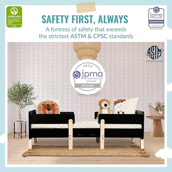 Dream On Me Osko Convertible Toddler Bed Made with Sustainable New Zealand Pinewood in Black, JPMA & Greenguard Gold Certified, Non-Toxic Finish