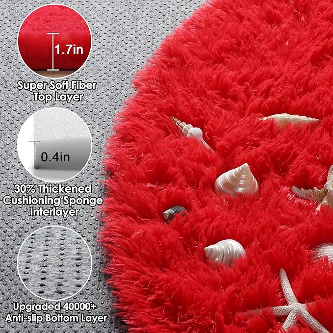 ONASAR Red Round Area Rug 4x4, Soft Bedroom Circle Rugs Floor Mat for Kids Girls Teen Room, Kawaii Fluffy Plush Shaggy Carpet for Nursery Living Room Playroom Christmas Home Decor Princess Castle
