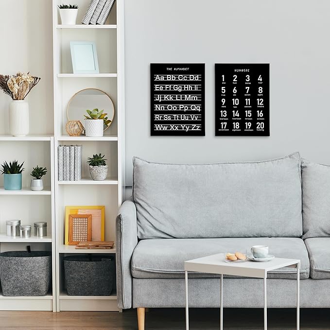 HRQKO Black Alphabet Numbers Nursery Canvas Wall Art Set of 2, Kids Room Decor Framed Art, Black ABC Numbers Educational Posters Wall Decor for Classroom Toddler Nursery Bedroom Playroom, 11x14 inch