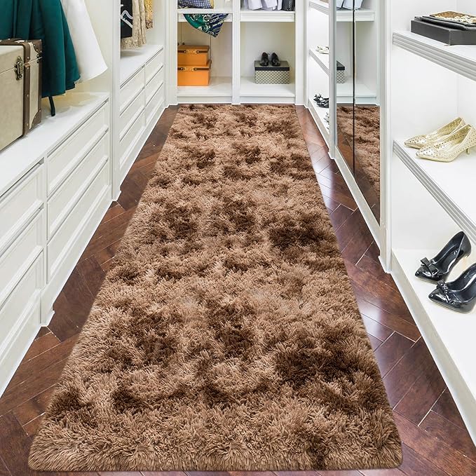 3x10 ft Plush High Pile Brown Tie Dyed Rug Fluffy Soft Runner Bedside Rug for Bedroom Living Room Hallway Nursery Kids Home Decor Shag Carpet