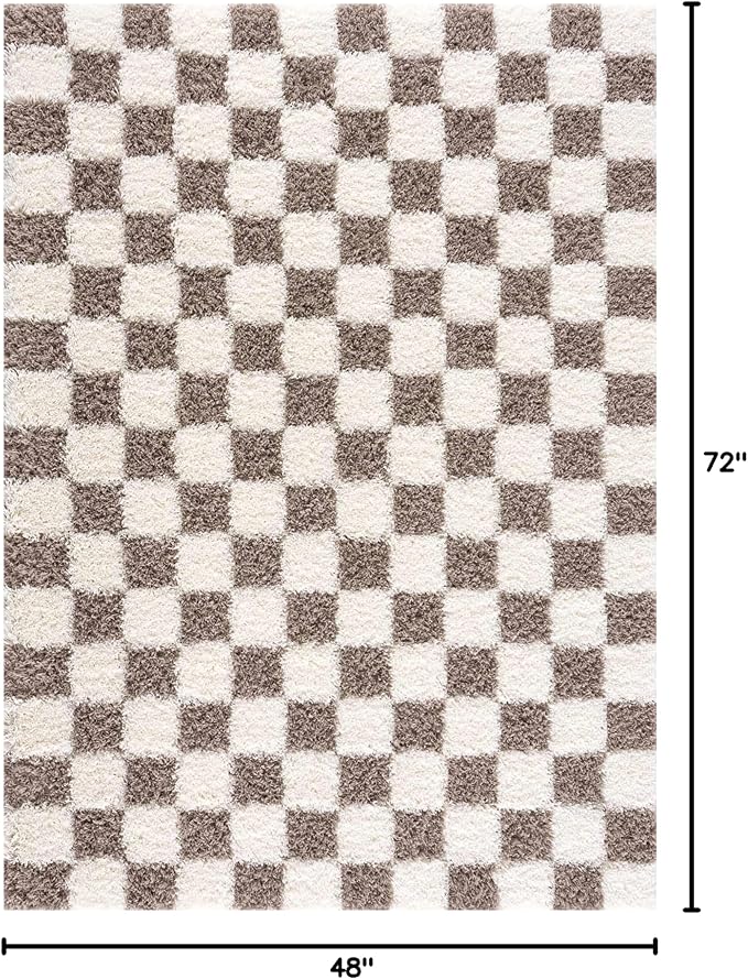 Hauteloom Atira Contemporary Checkered Fluffy Shag Area Rug - Modern Geometric Carpet Tiles for Living Room, Kids Room, Nursery - Plush Pile - Cream,Light Brown - 4' x 6'