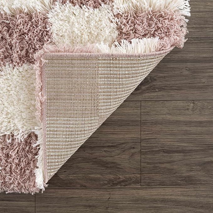 Hauteloom Atira Contemporary Checkered Fluffy Shag Area Rug - Modern Geometric Carpet Tiles for Living Room, Kids Room, Nursery - Plush Pile - Pink, Cream, White - 6'7" x 9'6"
