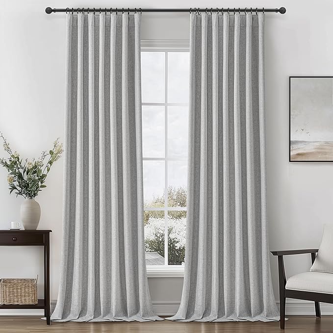 Grey Linen Room Darkening Curtains 95 Inches Long 2 Panels Set for Sliding Glass Doors, Cottage Core Blackout Pleat Light Gray Aesthetic Drapes Soundproof Privacy Window Curtain (50"W x 95"L 2Panels)