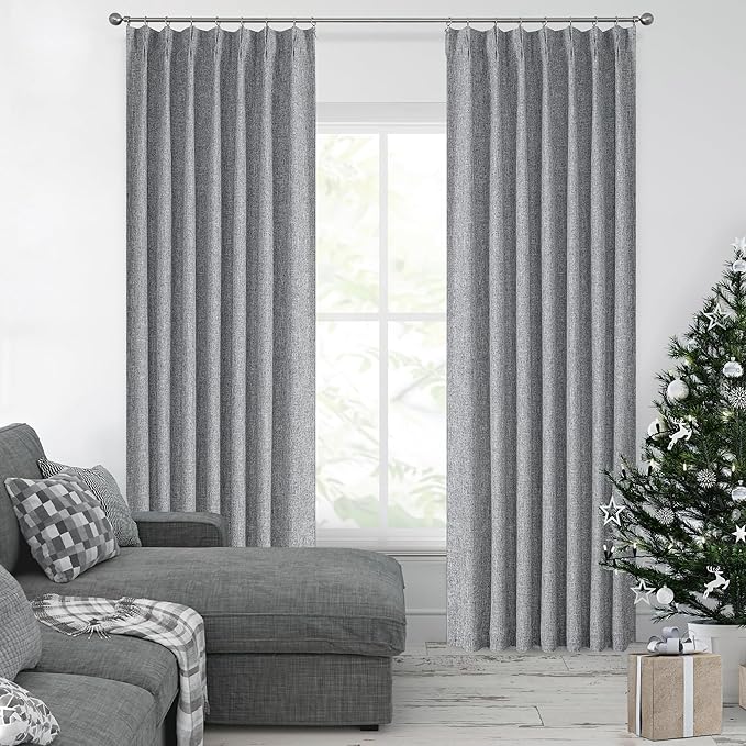 Central Park Pinch Pleated Full Blackout Curtain Panels Linen Texture Thermal Insulated Window Treatment Sets with Back Tab for Farmhouse Living Room Bedroom Drape with Hooks, 40"x90"x2, Dark Grey