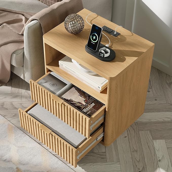 Fluted Nightstand Set of 2 with Charging Station, 21.7" Wide Modern Night Stand with 2 Drawers Open Storage Cabinet, Wooden Bedside End Table for Bedroom, Natural Oak