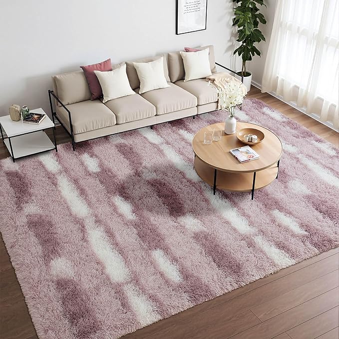 Meralax Area Rugs for Living Room Bedroom, Machine Washable 5x8 Feet Soft Fluffy Shaggy Rug, Light Purple & White Stripe Indoor Floor Carpet for Girls, Dorms, Nursery Rooms, Home Decor Aesthetic