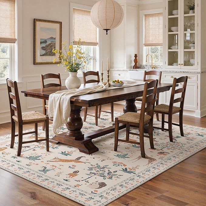 Washable Rugs 8x10 Rug for Living Room, Floral Animal Print Area Rug, Non Slip Low Pile Girl Room Carpet for Bedroom, Dining Room, Nursery, Playroom, Beige