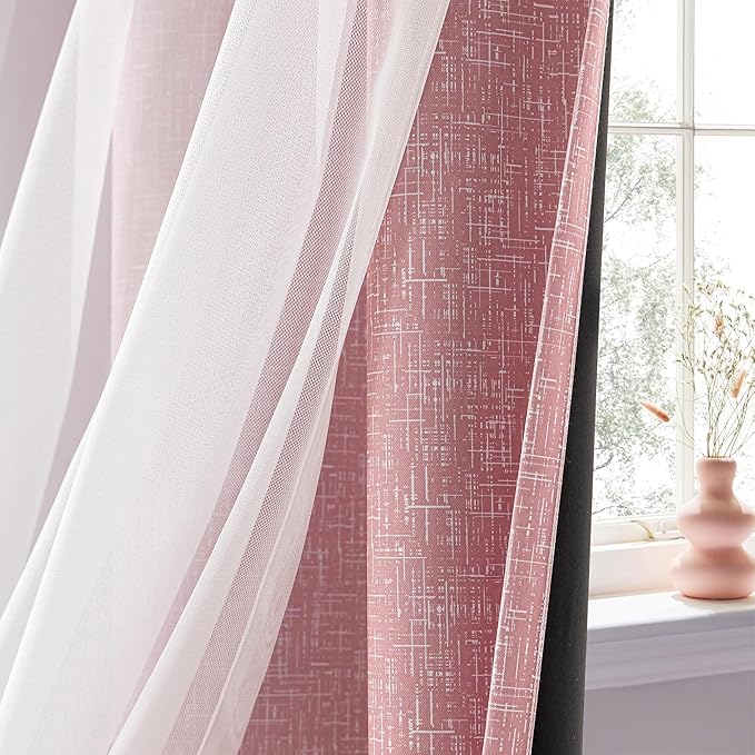 100% Blackout Curtains with Sheer Overlay Mix and Match Double Layer Drapes 54 Inch Length 2 Panels for Girls Bedroom Living Room Pink White Ombre Grommet Window Treatment with Tiebacks