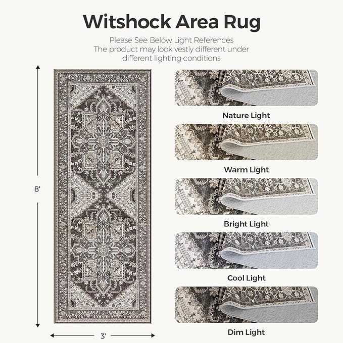 WITSHOCK 3x8 Kitchen Runner Rugs Black: Washable Rug Boho Soft Low Pile Stain Resistant Foldable Carpet for Bedroom Hallway Entryway Indoor Entrance Bedside, Vintage Distressed Farmhouse Rug, 36″x96″