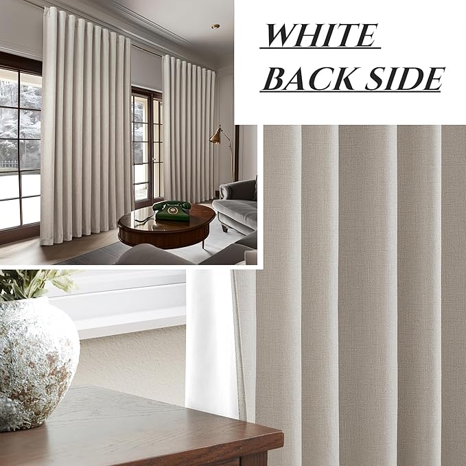 Extra Wide 60 Inch Blackout Curtains 96 Inches Long for Living Room, Rustic Boho Room Darkening Textured Linen Pleated Dining Room Office Insulated Ceiling Track Window Drapes 60"W x 96"L 2 Panels