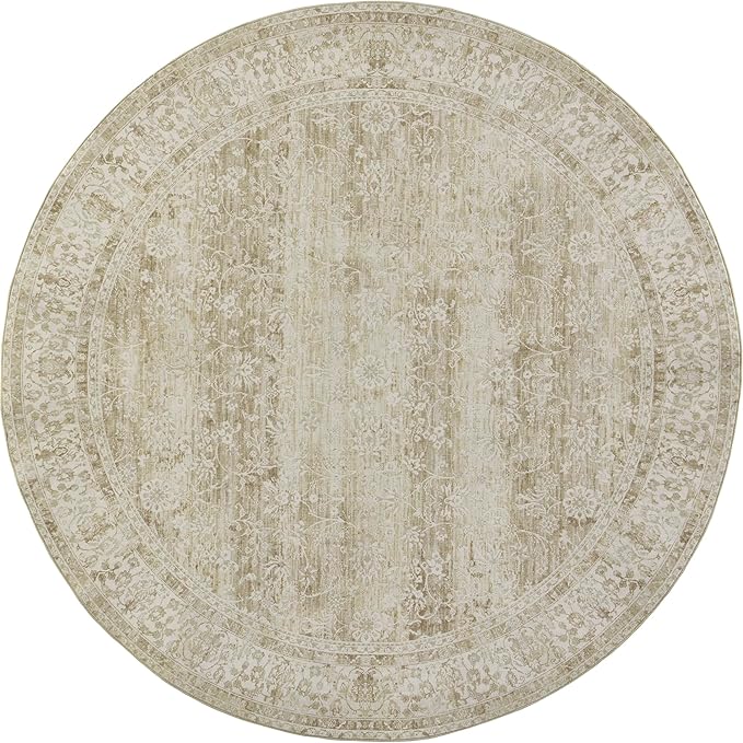 Vintage Rug Indoor Floor Cover Floral Print Cream&Light Tan Circle Rug 5' Round Kitchen Living Room Bedroom Dining Room