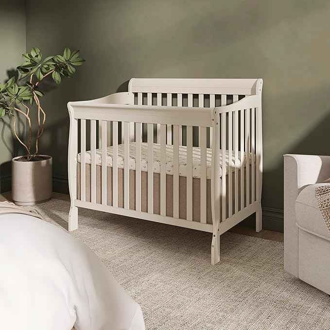 Dream On Me Aden 4-in-1 Convertible Mini Baby Crib French White, GreenGuard Gold & JPMA, Sustainable Pinewood, Non-Toxic Finish, 3 Mattress Heights, Converts to Mini Day & Twin-Size Bed