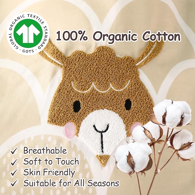 Simple&Opulence 100% Organic Cotton Duvet Cover for Kids Teens, 4 Pieces Soft Comforter Cover with Zipper Closure Boy Girl Warm Adorable Bedding Set - Alpaca, Full/Queen
