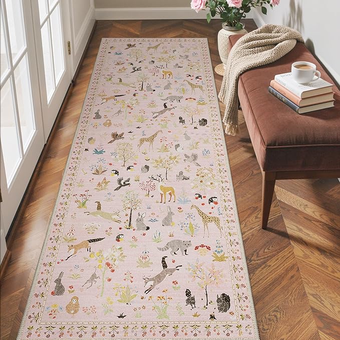 Runner Rug Non Slip 2'6''x 6', Floral Animal Print Rug Machine Washable Rug, Non Slip Low Pile Hallway Runner Girl Carpet for Kitchen, Laundry, Bedroom, Bathroom, Nursery, Pink