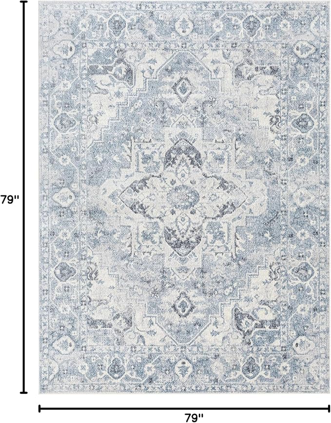 Mark&Day Washable Rugs, 7ft Round Moya Traditional Denim Blue Area Rug, Blue Ivory Black Carpet for Living Room, Bedroom or Kitchen (6'7" Round, Machine Washable)