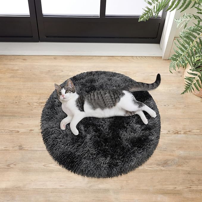 2 ft Small Black and Grey Round Rug for Bedroom,Tie Dyed Soft Shaggy Circle Rug Fluffy Plush Round Carpet for Kids Girls Boys Room Baby Nursery Living Room Playroom Home Décor Washable
