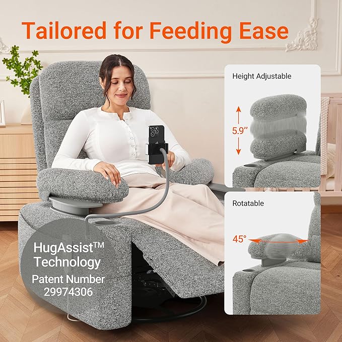 MAMAZING Oversized Electric Nursery Rocking Chair with Adjustable Armrests, Power Recliner Glider Nursing Chair for Breastfeeding, USB & Type-C Ports, Phone Holder, Oeko-TEX & FSC Certified(Grey)