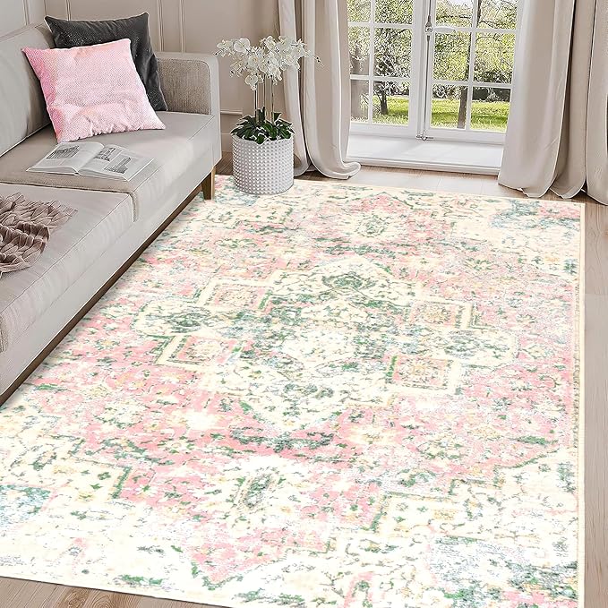8x10 Large Washable Living Room Rug Pink and Green Vintage Area Rugs Non-Slip Non-Shedding Print Kitchen Floor Carpet Oriental Accent Throw Rug for Bedroom Girls Dinning Room Farmhouse