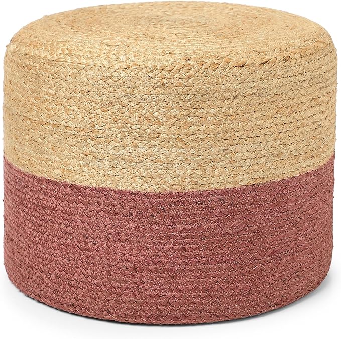 REDEARTH · Cylindrical Pouf Foot Stool Ottoman - Jute Braided Pouffe Poof Accent Sitting Footrest for Living Room, Bedroom, Nursery, Patio, Lounge & Other Rooms (Natural Rust, 18"X18"X14")