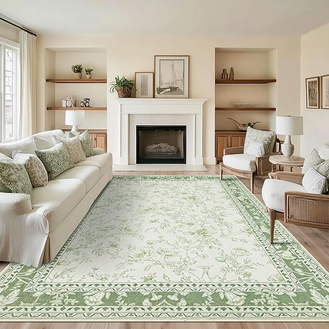 Sage Green Area Rugs 10x12 for Living Room Boho Washable Extra Large Floral Floor Covering, Cream Beige Green Rugs Bedroom Dining Room, Non Slip Farmhouse Floor Carpet for Kids Playroom Nursery