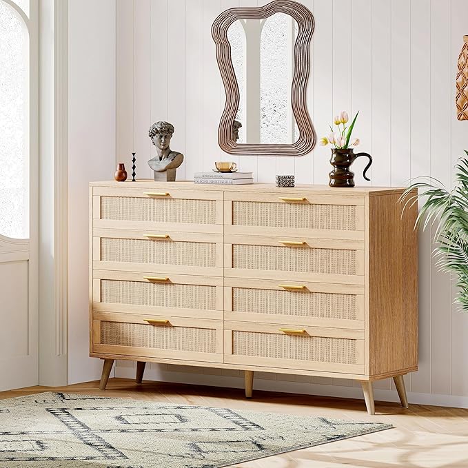 Rovaurx 8 Drawer Double Dresser for Bedroom, Rattan Chest of Dressers, Modern Wooden Dresser Chest with Golden Handles, Beside Table for Closet, Living Room and Entryway, Natural