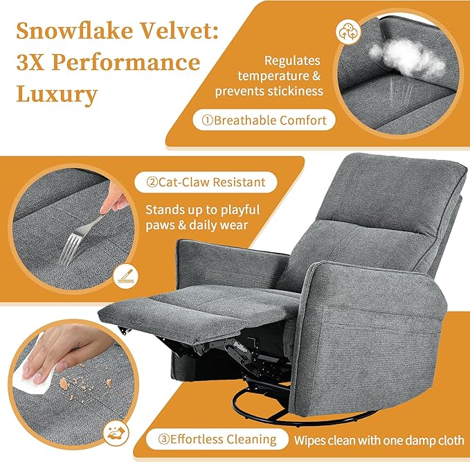 Power Swivel Rocker Recliner Chair for Nursery, Upholstered Snowflake Velvet 270°Swivel Glider Rocker Chair with USB Ports, Small Power Recliners for Small Spaces Living Room