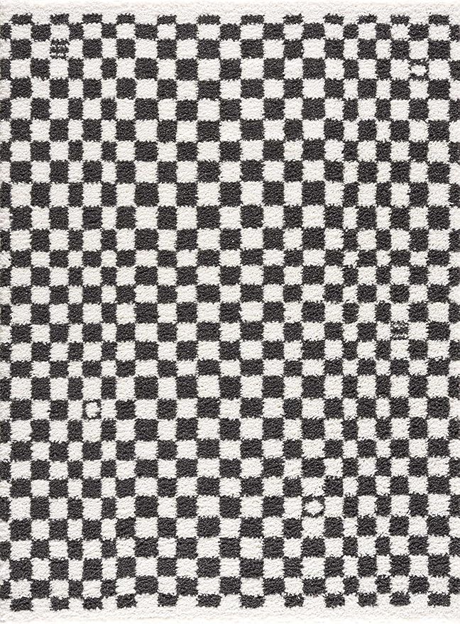 Hauteloom Kieu Contemporary Checkered Fluffy Shag Area Rug - Modern Geometric Soft Carpet Tiles for Living Room, Kids Room, Nursery - Black, White - 8'10" x 12'