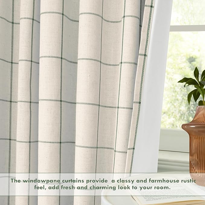DriftAway 2 Panels 100% Blackout Windowpane Plaid Linen Curtains Double Layer Drapes for Bedroom 90 Inches Long Farmhouse Thermal Insulated 3.25 Inch Rod Pocket Back Tab for Living Room Loden Green
