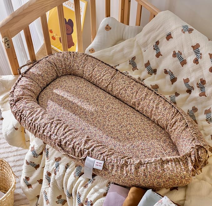 CooCooBaby Infant Lounger, Baby Nest Cover for Baby Girls & Boys, Newborn Essentials for Baby 0-18+ Months, 100% Cotton Breathable (Brown Blossom_, Cotton_Muslin)