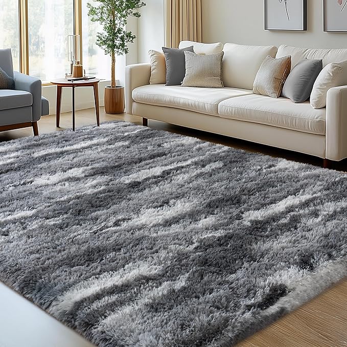 Fluffy Rugs for Bedroom Living Room, 4x6 Feet Abstract Grey Shag Area Rugs, Non-Slip Indoor Modern Fuzzy Plush Floor Carpet for Dorm Nursery Kids Room Decor, Soft Shaggy Throw Rug