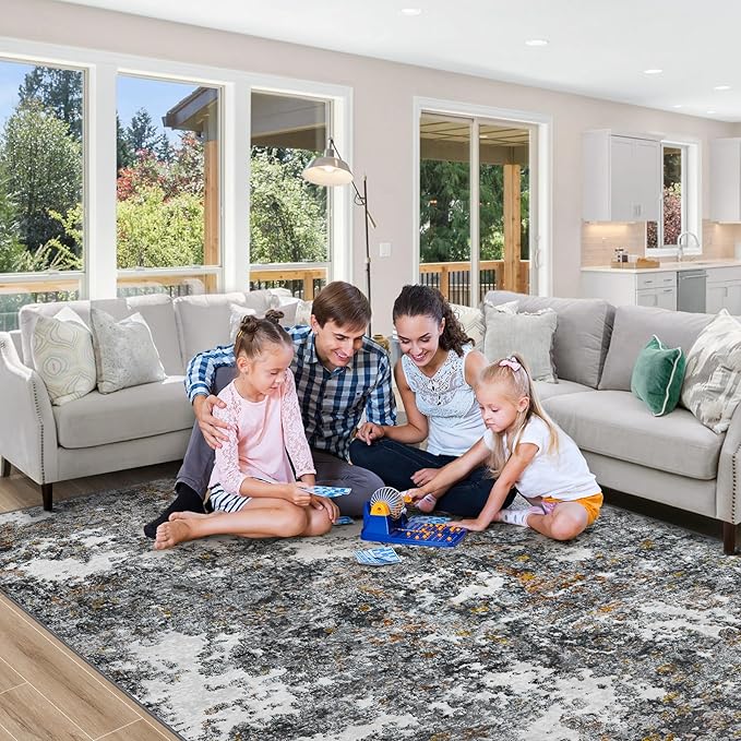 Area Rug 9x12 Living Room: Large Washable Rug with Anti-Slip Backing Non-Shedding Stain-Resistant Soft Abstract Carpet for Bedroom Dining Room Nursery Home Office (Gray/Multi)