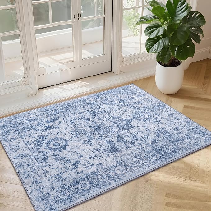 Area Rug 2x3, Washable Rug for Entryway Indoor, Small Area Rug for Living Room Entrance, Vintage Rug for Bedroom Doormat, Non Slip Soft Low Pile Carpet for Kitchen, Hallway, Office, Blue