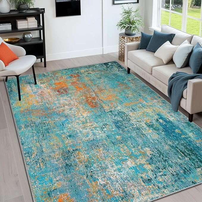 Washable Area Rugs 5'x8' Non-Slip Modern Abstract Soft for Living Room Entryway Bedroom Nursery, Print Pattern, Teal Blue Green Orange Rust Red Colorful