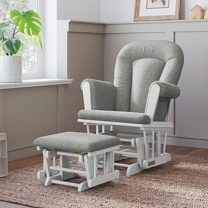 Child Craft Cozy Glider Rocker and Ottoman Set, Padded Cushion with Convenient Storage Pockets, Solid Wood Base & Frame (Matte White with Gray Cushion)