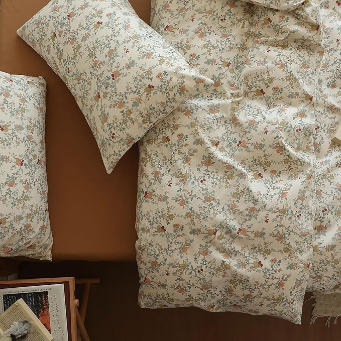 LifeTB Vintage Flower Duvet Cover Set Twin 100% Cotton Botanical Floral Duvet Cover Chic Branches Floral Bedding Set Flower Blossom Comfoter Cover with Zipper Ties Cottagecore Bedding Set