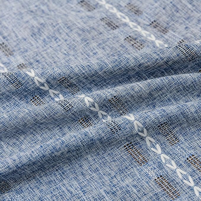 Deeprove Denim Blue Boho Curtain 96 inches Length for Bedroom Dining Room, Rustic Country Bohemian Sheer 96 inches Long Stripe Embroidery Privacy Window Tassel Cottage Decor W52 x L96, 1 Panel