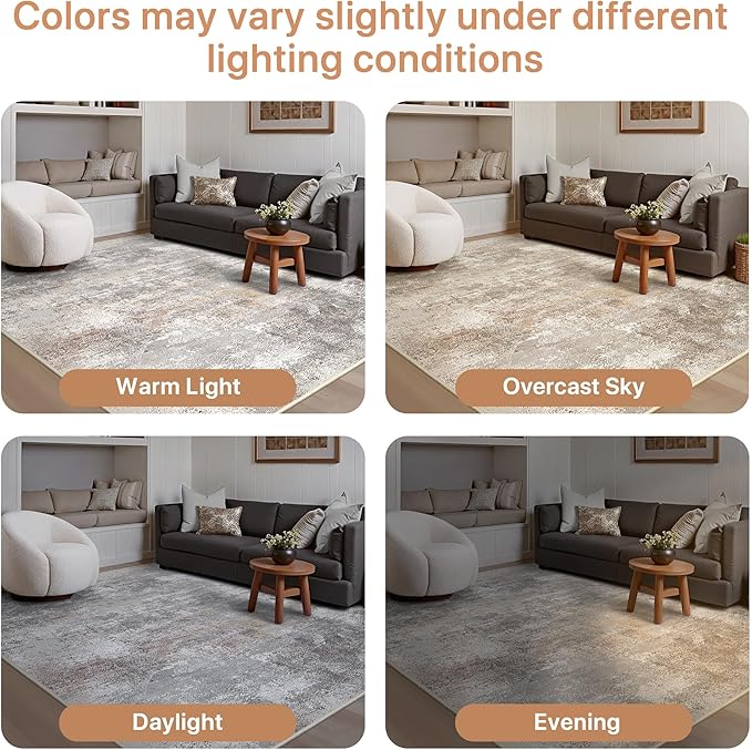 GENIMO Washable 5x7 Area Rugs for Living Room, Non Slip Modern Abstract Rug, Machine Washable Stain Resistant Low Pile Soft Carpet for Bedroom, Dining, Office, Light Grey Brown