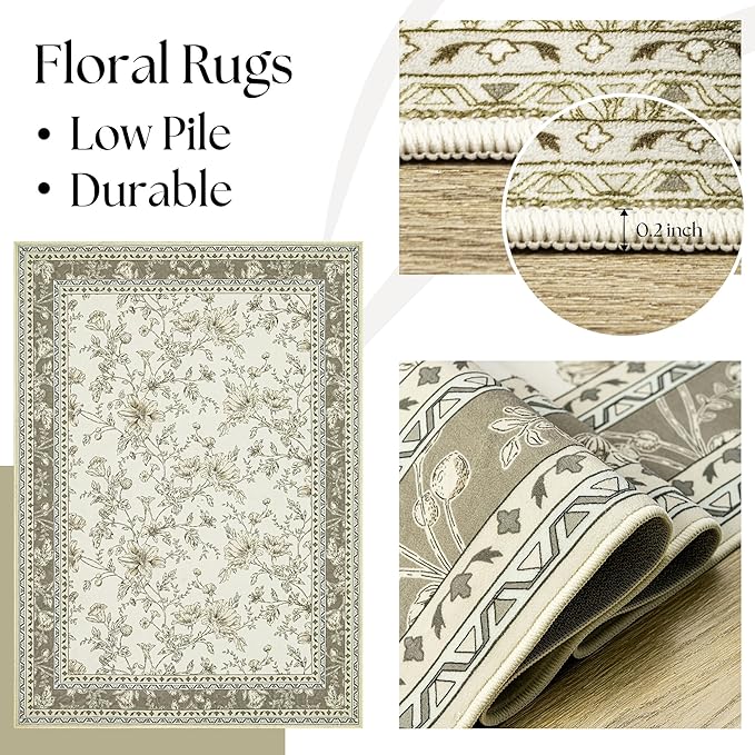 Farmhouse Beige Floral 8x10 Area Rugs for Living Room, Cream Tan Taupe Sketch Pattern Bedroom Rug Boho Low Pile Dining Room Washable Carpet 8x10, Vintage Soft Indoor Non-Slip Floor Covering Nursery