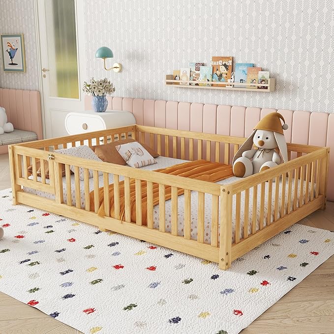 Bellemave Full Size Floor Bed with Slats and Safety Guardrail, Full Size Montessori Floor Bed with Fence and Door, Easy Assemble Montessori Beds for Kids, Girls, Boys, Natural
