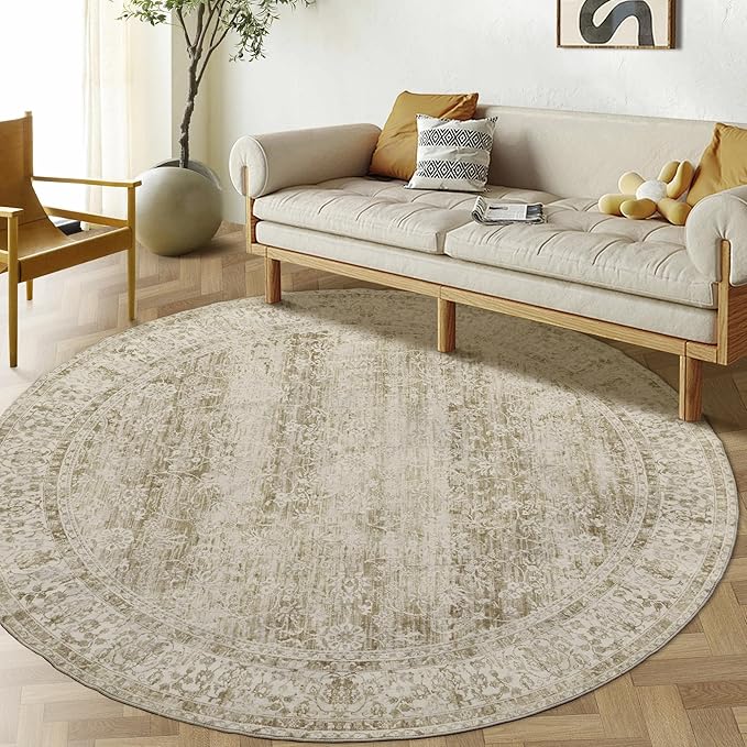 Cream&Light Tan Area Rug Vintage Rug Indoor Floor Cover Floral Print Circle Rug 4' Round