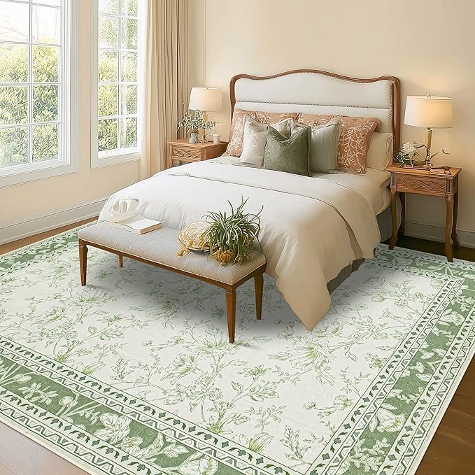 Floral Area Rug for Bedroom 5x8 Sage Green and Cream Beige Vintage Boho Floral Sketch Style, Washable Low Pile Non Slip Area Rugs for Nursery Living Dining Room, Cozy Aesthetic Home Decor