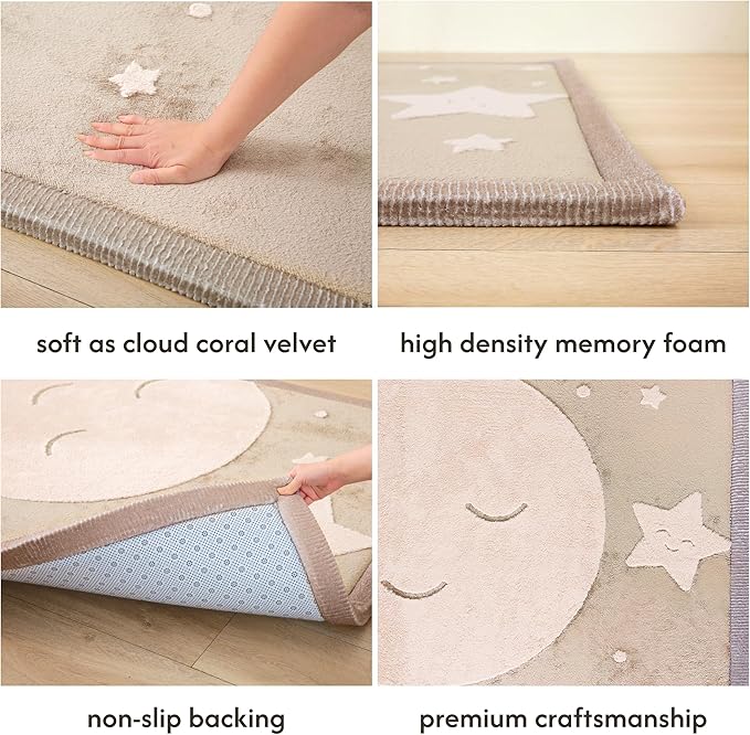 Stylish Coral Baby Play Mat for Floor 47" x 67" Moon&Stars – Soft 1" Thick High-Density Memory Foam Nursery Rug,Kids Rug with Non-Slip Backing for Crawling & Playing, Playroom Rug, Kids Carpet