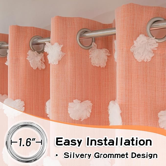 MYSKY HOME Bedroom Curtains Orange Blackout Curtains for Nursery Kids Room 63 Inch Long Double Layer Curtains for Daughter Room White Pom Pom Sheer Grommet Room Darkening Window Curtains, 52" x 63"