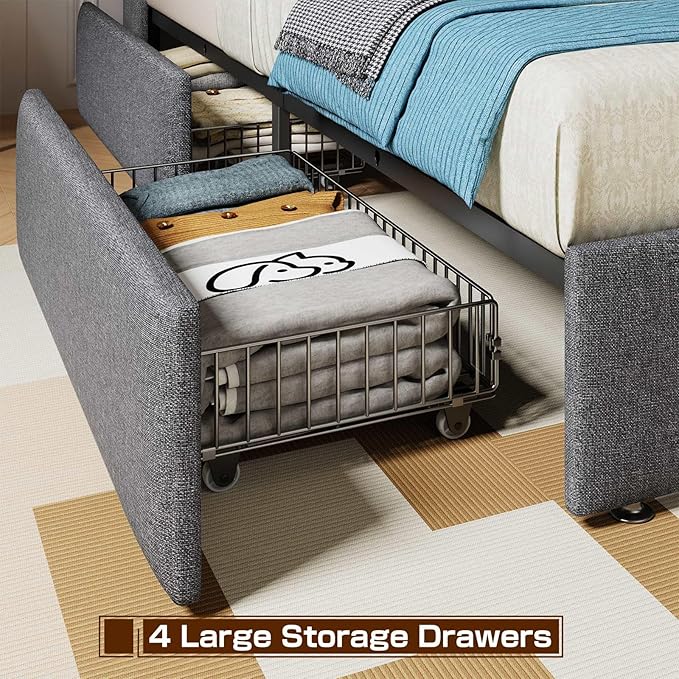 LED King Size Bed Frame with 4 Storage Drawers, Upholstered King Bed Frame with 2-Tier Headboard and Charging Station, No Box Spring Needed, Easy to Assembly - Light Grey