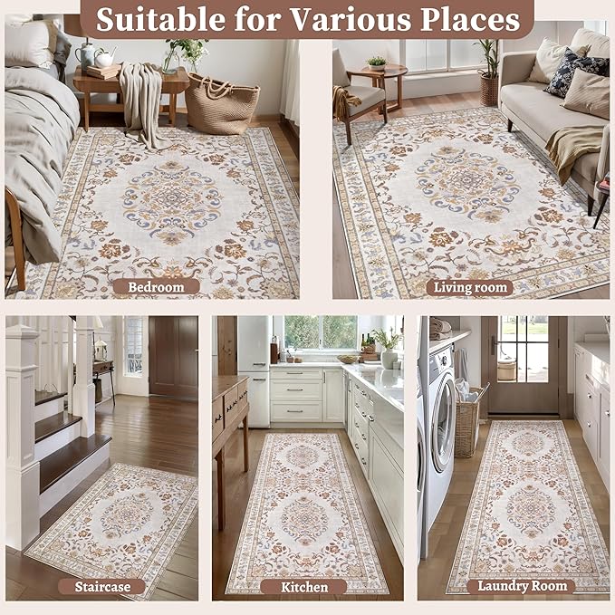 Tangsoo 2x6 Washable Runner Rug Non Slip, Vintage Persian Boho Neutral Hallway Rug for Entry Kitchen, Soft Low Pile Beige Floor Carpet Runner for for Laundry, Bedroom, Living Room Home Decor