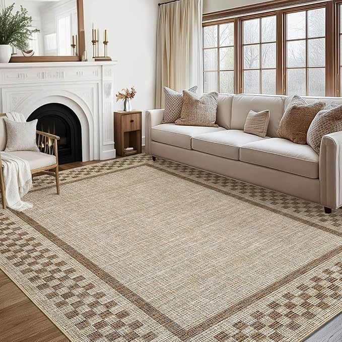 GarveeHome Washable Area Rug 4x6 Small Living Room Rugs Modern Bordered Soft Dining Room Throw Carpet Low Pile Non Slip Checkered Bedroom Rug Geometric Carpet for Nursery Kitchen Home Office, Taupe