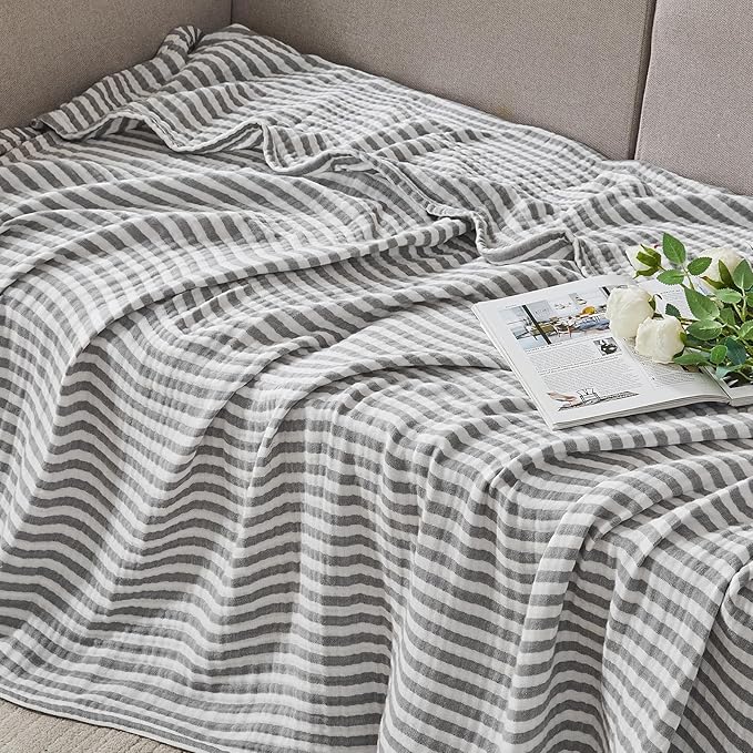 EMME Cotton Muslin King Blanket Bed Layering Bedspread Coverlet Breathable Gauze Soft Lightweight (Striped Grey, 108"x90")
