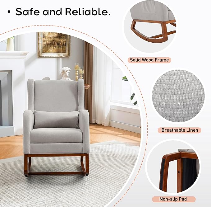 Rocking Chair Nursery Glider Chair with Foot Rest, Nursery Rocking Chairs with Rubber Wood Legs Side Pocket, High Back Nursing Chair, Accent Rocker Arm Chair Baby Bedroom, Living Room, Grey