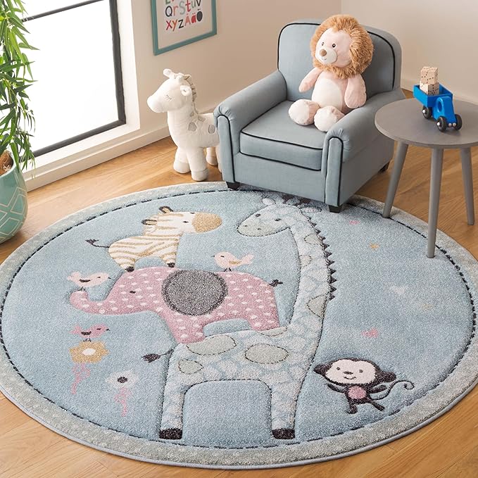 SAFAVIEH Carousel Kids Collection Area Rug - 6'7" Round, Blue, Animal Design, Easy Care & Non-Shedding, Ideal for High Traffic Areas for Boys & Girls in Playroom, Nursery (CRK120K-7R)