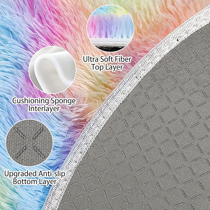 4x4 ft Rainbow Fluffy Round Rug for Girls Bedroom,Colorful Soft Shaggy Circular Area Rug Kids Cute Fuzzy Carpet Furry for LivingRoom Nursery Dorm Playroom Room Unicorn Decor Reading Nook Mat